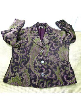 Chicos Purple & Green Paisley Metallic Blazer Jacket Size 2 Womens Long Sleeve